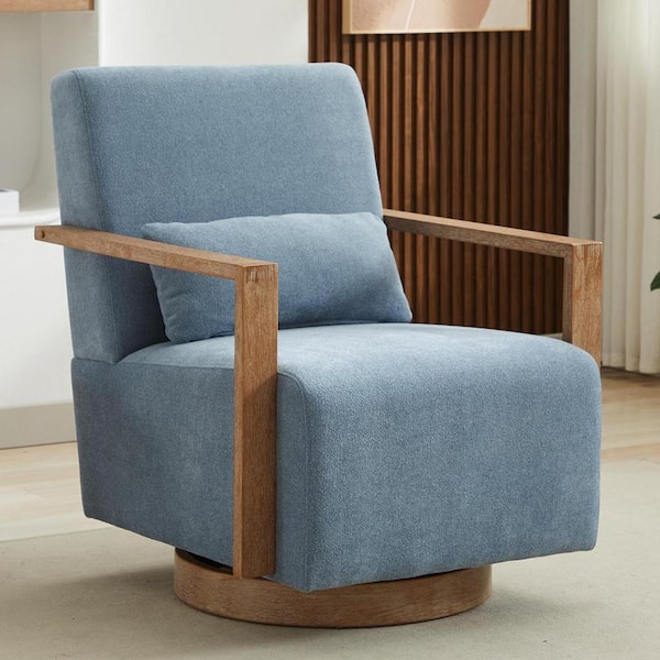 aisword 30.3 in. W Elegant 360° Upholstered Swivel Chair with Solid Wood Armrests and Weathered Base - Pale Blue