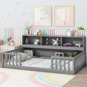 Gray Wood Frame Twin Size Platform Bed with Bedside Bookcase, Shelves, Fence Guardrails