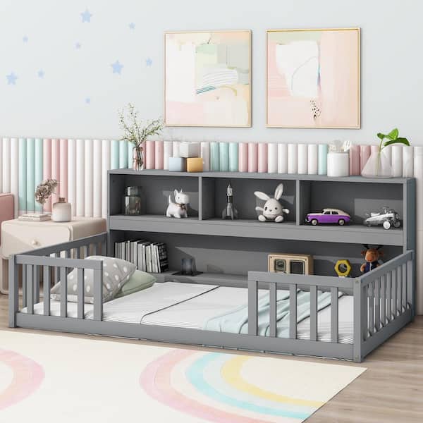 Harper & Bright Designs Gray Wood Frame Twin Size Platform Bed with Bedside Bookcase, Shelves, Fence Guardrails