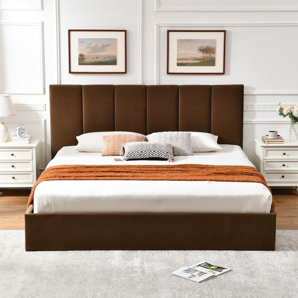 Brown Plywood Frame King Size Linen Upholstered Platform Bed with Lifting Storage price history on PriceWatchPro