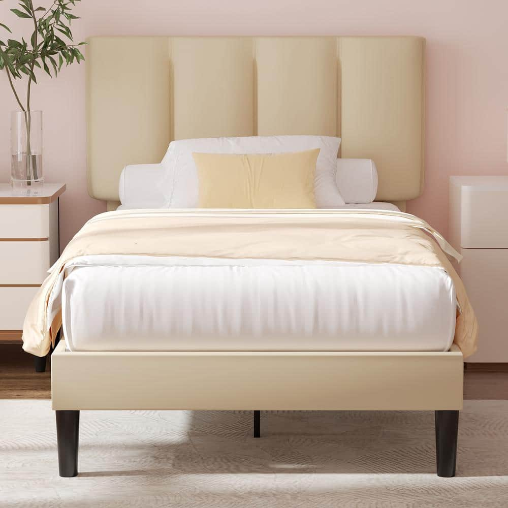 VECELO Upholstered Bedframe, Beige Metal Frame Twin Platform Bed with  Adjustable Headboard, Wood Slat, No Box Spring Needed KHD-CY-TB04-BGE - The  Home 