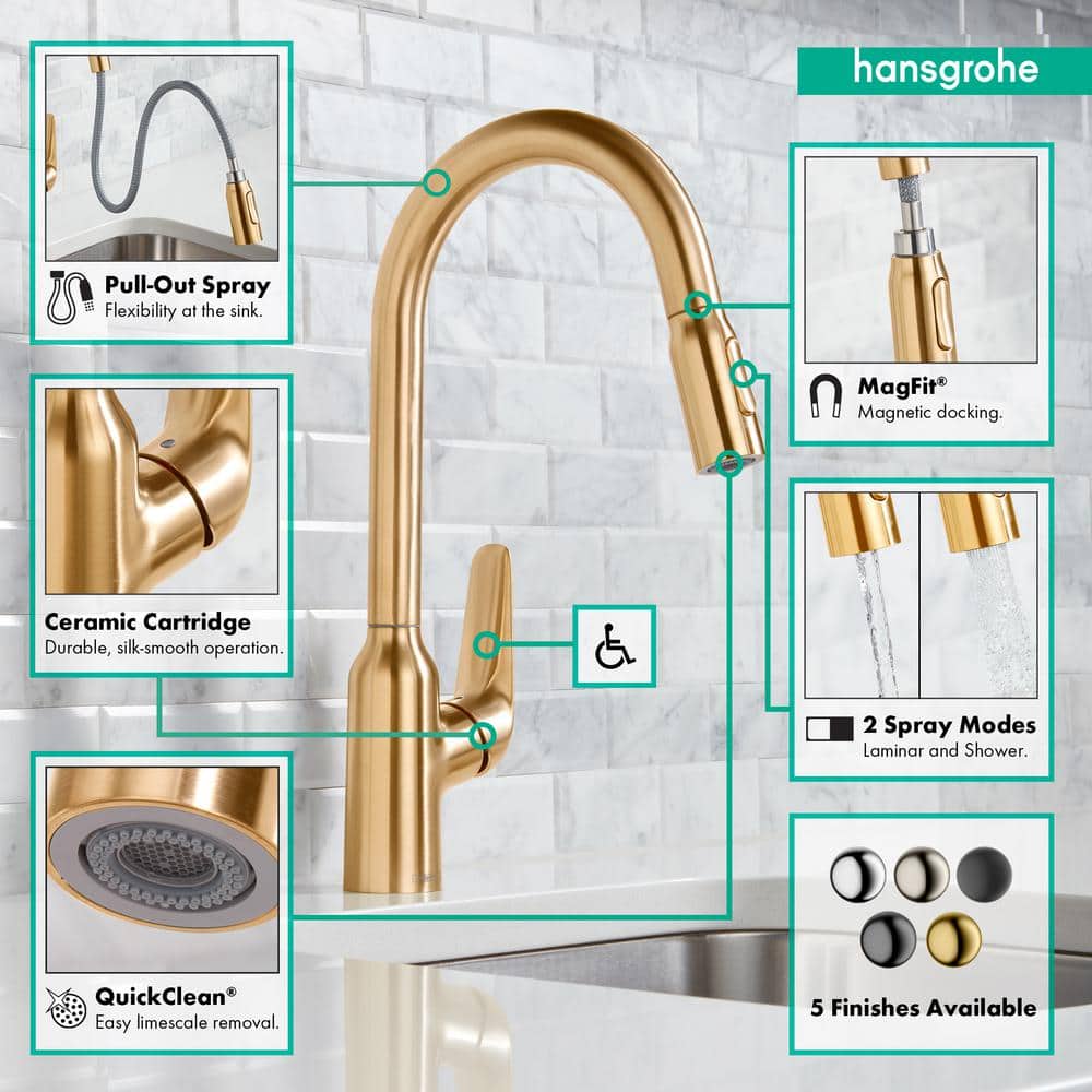 Elegant HighArc Brushed Gold Optic Kitchen Faucet with Pull-out Spray