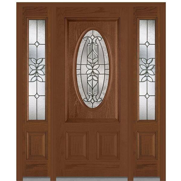 MMI Door 60 in. x 80 in. Cadence Left-Hand Inswing Oval Lite Decorative Stained Fiberglass Oak Prehung Front Door with Sidelites