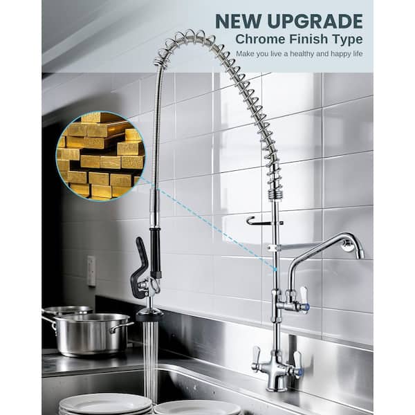 39.3 in. H Commercial Deck Mount Triple Handle Pull Down Sprayer Kitchen Faucet w/360° Spout Swivel in Polished Chrome