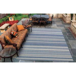 Recife Gazebo Stripe Champagne-Blue 9 ft. x 9 ft. Round Indoor/Outdoor Area Rug