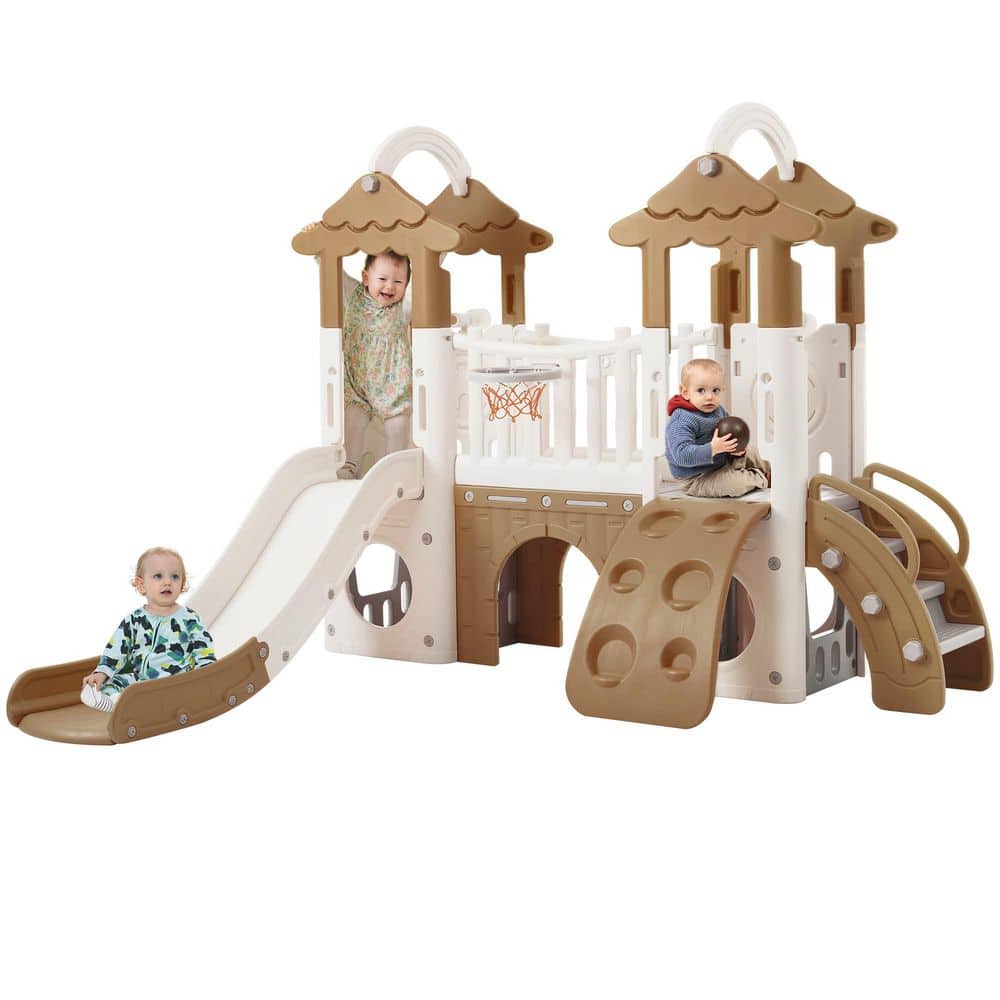 8-in-1 Toddler Climber Slide Set, Freestanding Indoor/Outdoor Playset with Hoop for Ages 1 Plus, Brown price history on PriceWatchPro