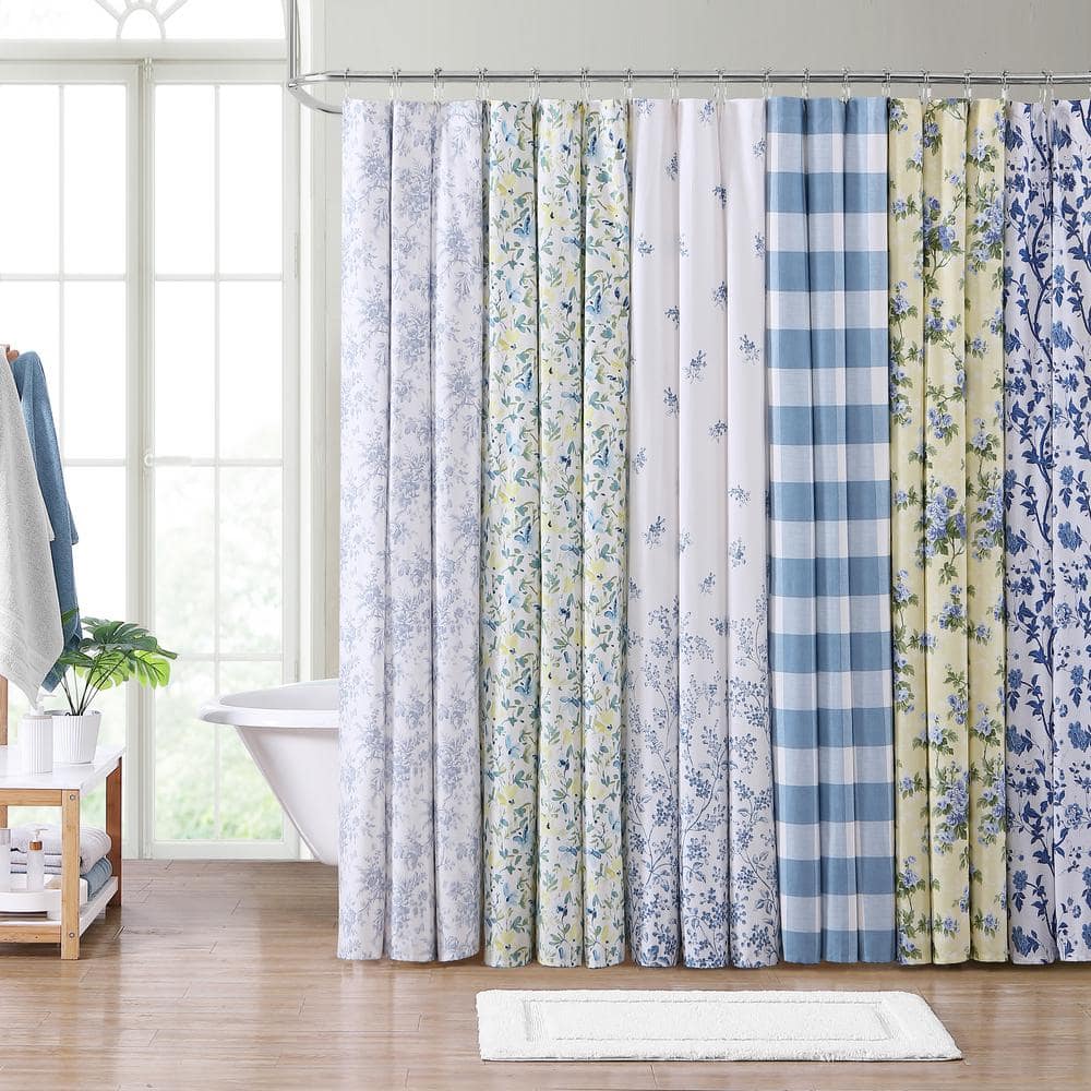 Nora Blue Floral Cotton Shower Curtain with Liner