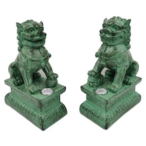 8 in. 2-Light Integrated LED Solar Powered Pair of Asian Guardian Lions Garden Statuary in Patina Accents (2-Pack)