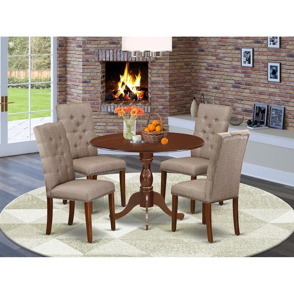 East West Furniture 5-Piece Mahogany Finish Solid Wood Top Dining Table with 4 Parson Chair with Drop Leaf Lattice Back