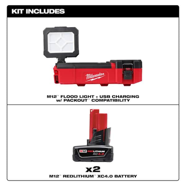 M12 12-Volt Lithium-Ion Cordless PACKOUT Flood Light w/USB Charging & 4. 0Ah (2-Pack)