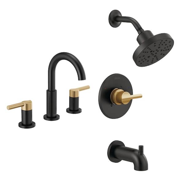 Nicoli J-Spout 8 in. Widespread Double-Handle Bathroom Faucet in Matte Black/Champagne Bronze