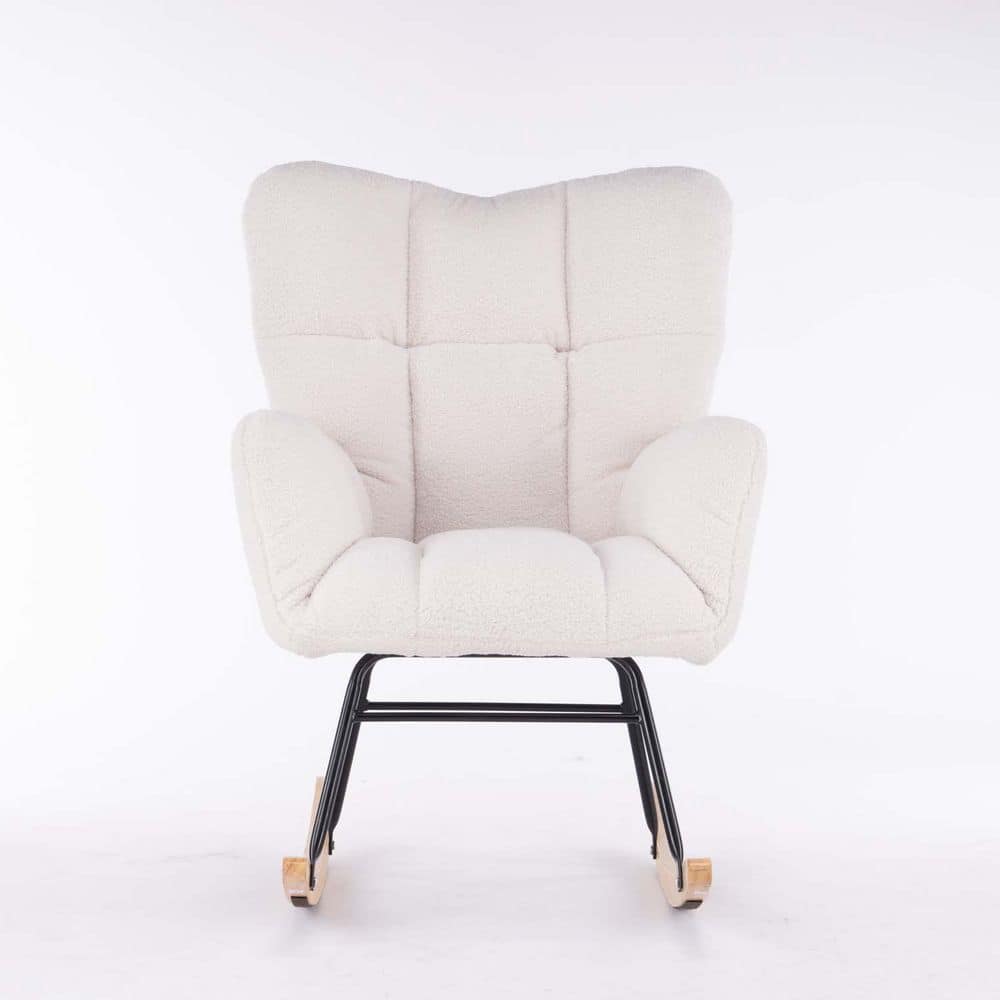 White Wood Mid Century Modern Teddy Fabric Tufted Upholstered Outdoor Rocki