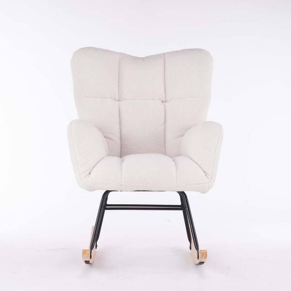 Unbranded White Wood Mid Century Modern Teddy Fabric Tufted Upholstered Outdoor Rocking Chair with Cushion