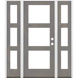 60 in. x 80 in. Modern Hemlock Left-Hand/Inswing 3-Lite Clear Glass Grey Stain Wood Prehung Front Door with Sidelites