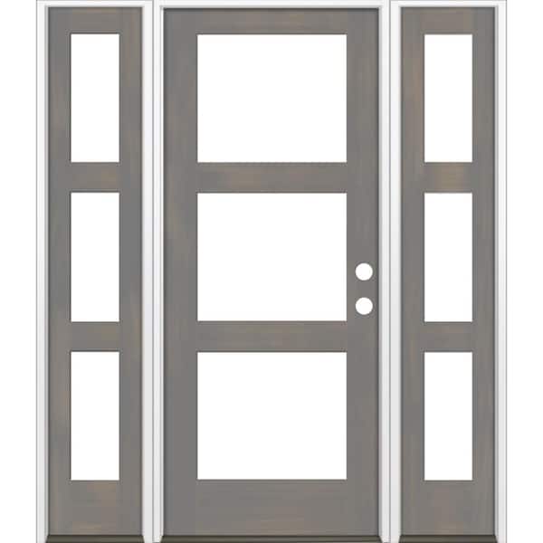 Krosswood Doors 64 in. x 80 in. Modern Hemlock Left-Hand/Inswing 3-Lite Clear Glass Grey Stain Wood Prehung Front Door with Sidelites