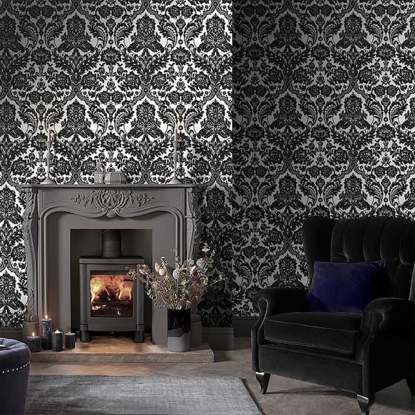 Gothic Damask Flock Black and Silver Paste the Wall Wallpaper
