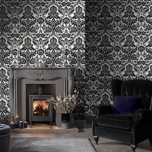 Gothic Damask Flock Black and Silver Removable Wallpaper Sample