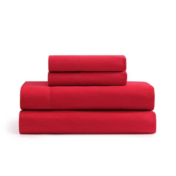 TH Solid 4-Piece Red Cotton Full Sheet Set