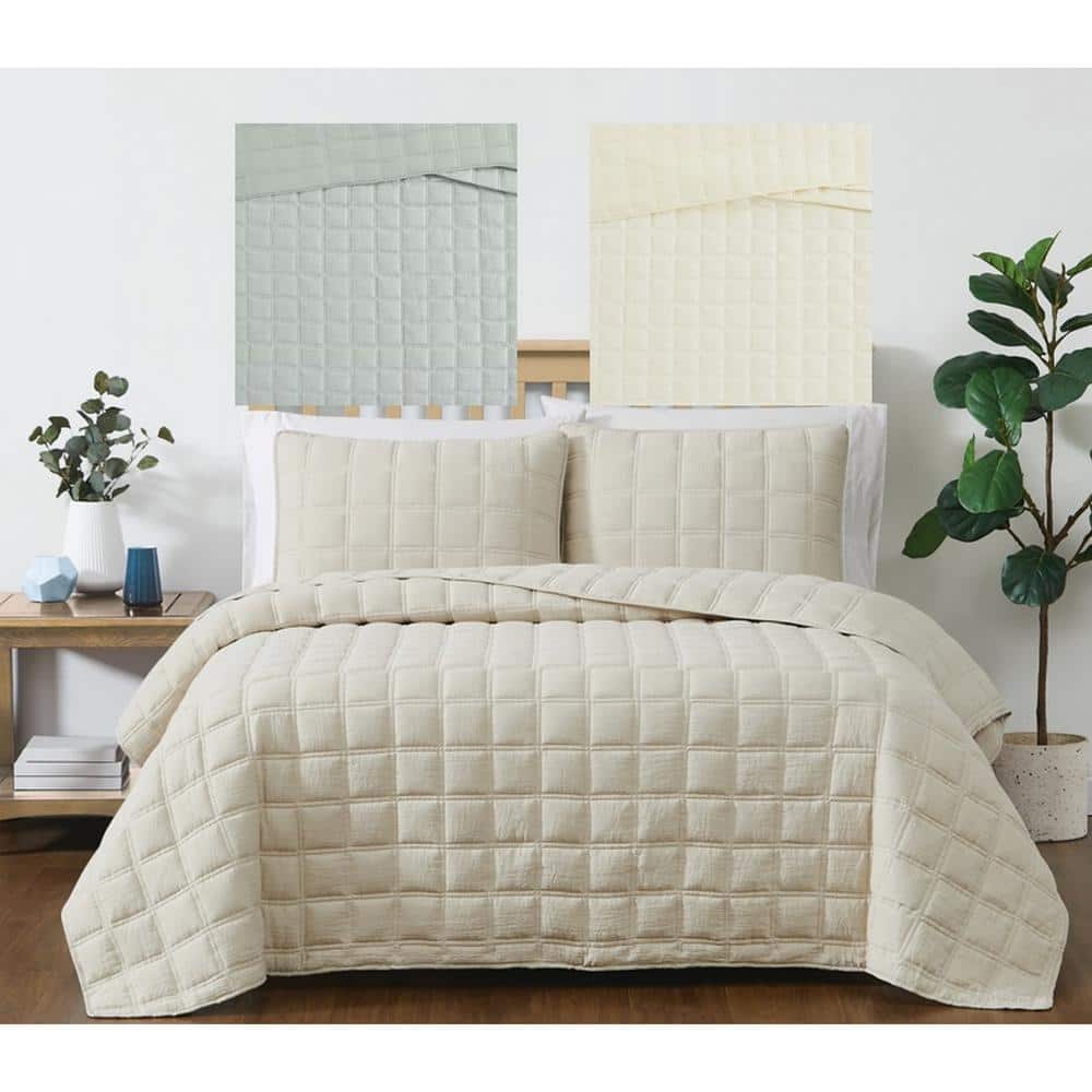 Beige Full Microfiber Quilt Set with Box Stitch Pattern