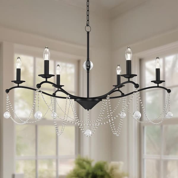6-Light 37 in. Black Crystal Modern Candle Dimmable Chandeliers Living Foyer Lighting