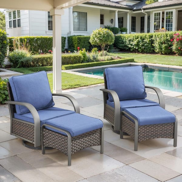 Opohoro ArcMetal 4-Piece Brown Wicker Outdoor Rocking Chair Patio Swivel Gliders with Navy Blue Cushions and Ottomans