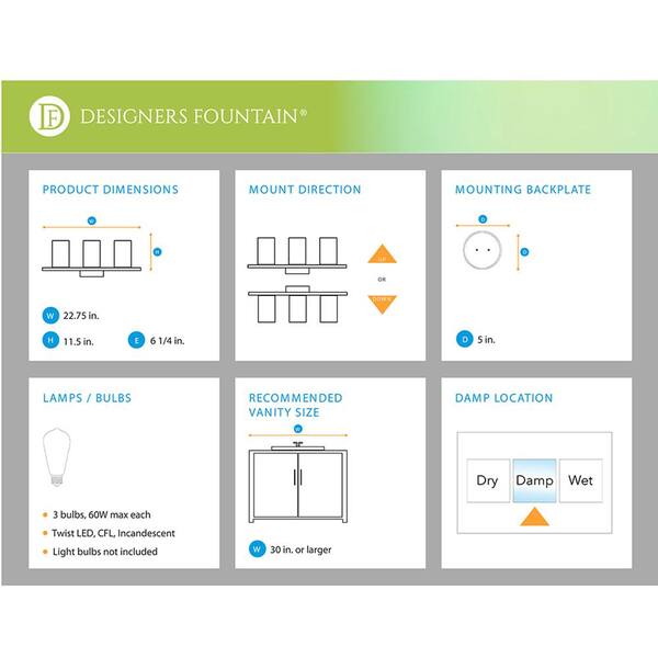 Designers Fountain - Taylor 22.75 in. 3-Light Chrome Industrial Vanity Light with Clear Glass Shades