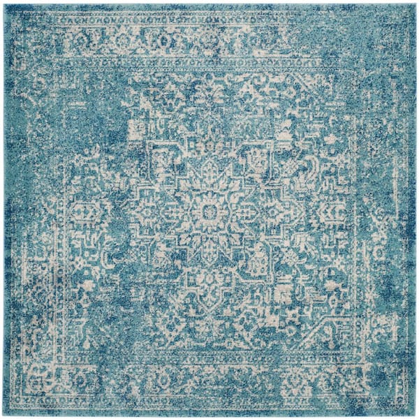Evoke 3 ft. x 3 ft. Square Blue/Ivory Distressed Border Medallion Area Rug