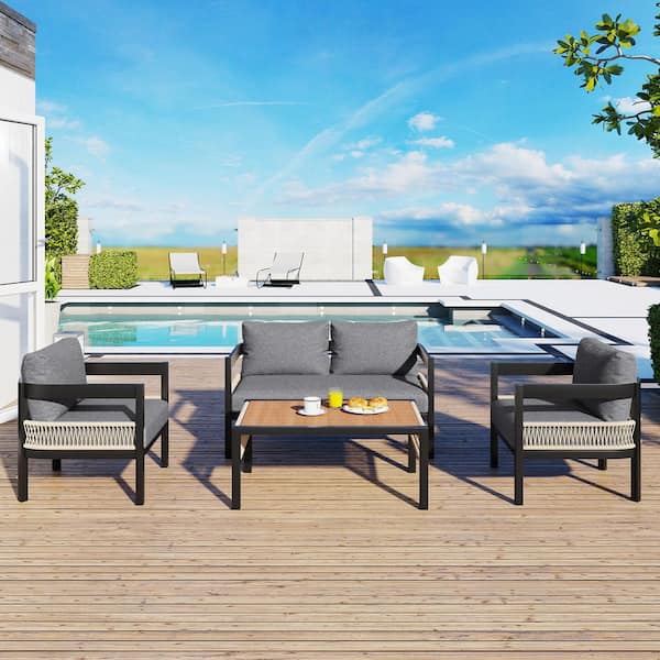 Black 4-Piece Metal Outdoor Sectional Set with Gray Cushion and Coffee ...