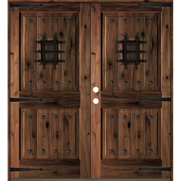 Krosswood Doors 72 in. x 80 in. Mediterranean Knotty Alder Square Top with Red Mahogony Stain Right-Hand Wood Double Prehung Front Door