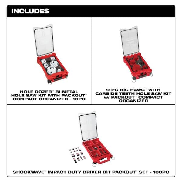 Hole Dozer Bi-Metal General Purpose Hole Saws, BIG HAWG Carbide Hole Saw and Driver Bit Set w/PACKOUT Cases (119-Piece)