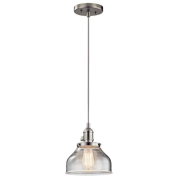 Avery 8 in. 1-Light Brushed Nickel Farmhouse Shaded Kitchen Bell Mini Pendant Hanging Light with Clear Seeded Glass