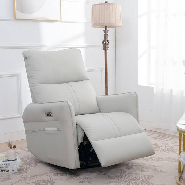 Light Gray Faux Leather 270 Power Rocking Swivel Recliner Chair with USB Ports Side Pockets Glider