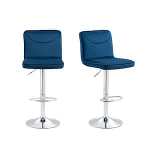 32 in. Swivel Adjustable Height Low Back Metal Frame Cushioned Bar Stool with Navy Blue Velvet Seat (Set of 2)