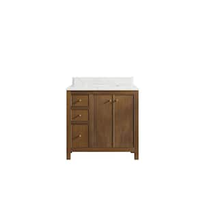 Chicago Veneer 36 in. W x 22 in. D x 36 in. H Center Sink Bath Vanity in Dark Natural with 1.5" Calacatta Laza Qt. Top