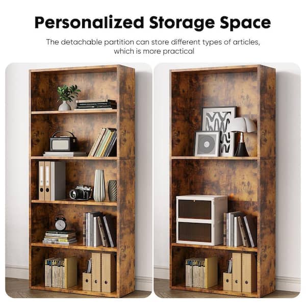 Tileon 5-Shelf Brown Freestanding MDF Open Bookcase, Pantry