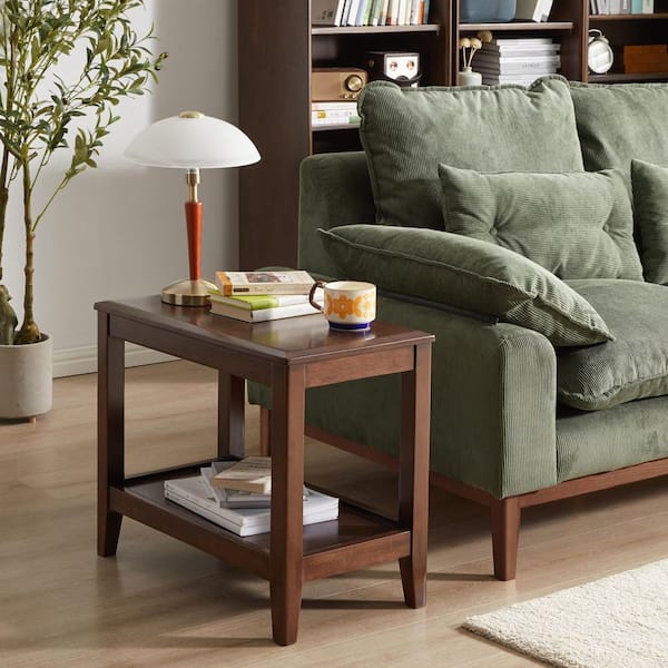 Theo 23.62 in. Walnut Rectangle Rubber Wood End Side Table with 2-Tier Shelves