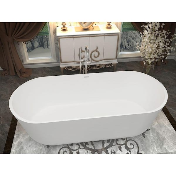 Badi Series 71 in. x 32 in. Flat Bottom Solid Surface Freestanding Soaking Bathtub with Center Drain in Matte White