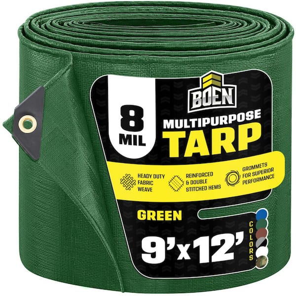 BOEN 9 ft. x 12 ft. Multi-Purpose Green Poly Tarp Cover 8 Mil