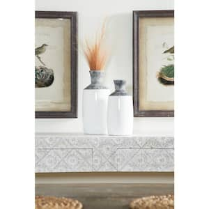 14 in., 12 in. White Ceramic Decorative Vase with Grey Tops (Set of 2)