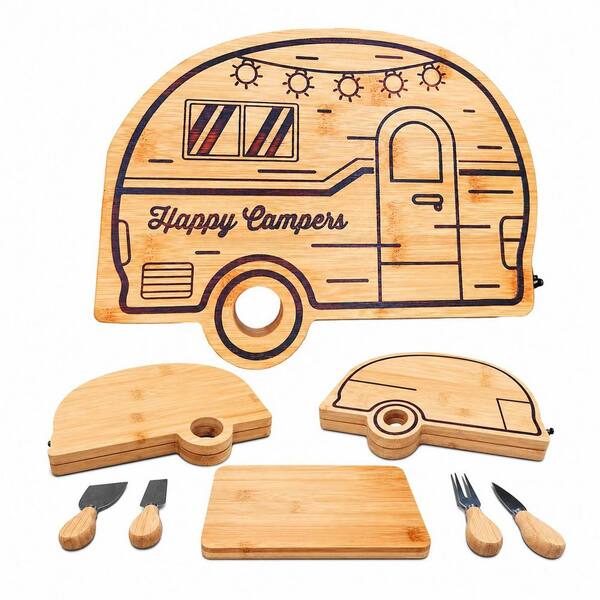 Foldable RV-Shaped Bamboo Cutting Board with Stainless Steel Cheese Knife Set and Safety Lock