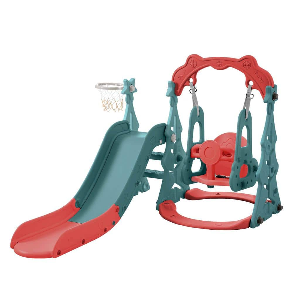 Red 3 in 1 Toddler Freestanding Slide and Swing Set with Basketball Hoops