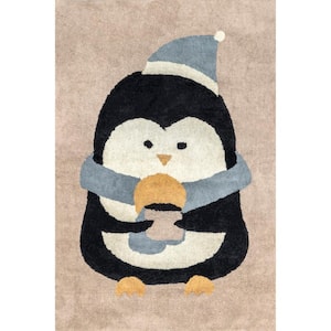 Mosby Penguin Machine Washable Kids Brown 3 ft. x 5 ft. Accent Rug