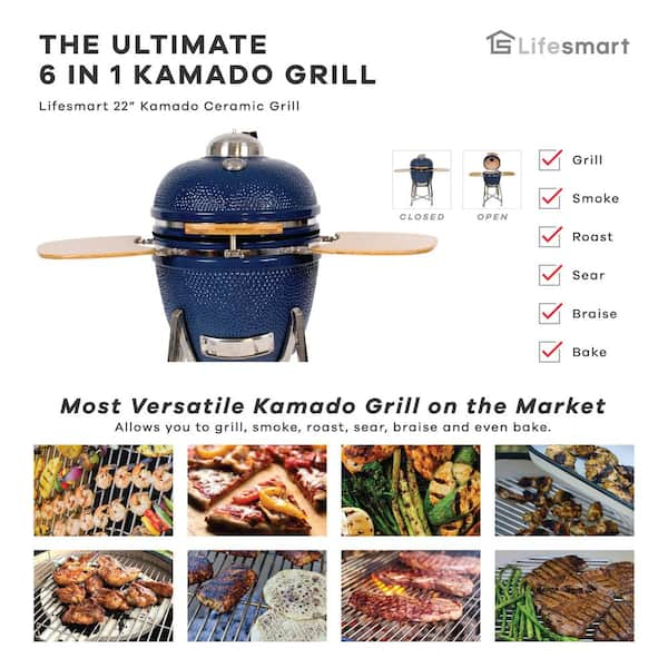 Lifesmart 15 in. Kamado Charcoal Outdoor Pizza Oven with Pizza Stone and  Bamboo Handles in Blue SCS-CPO21BLU - The Home Depot