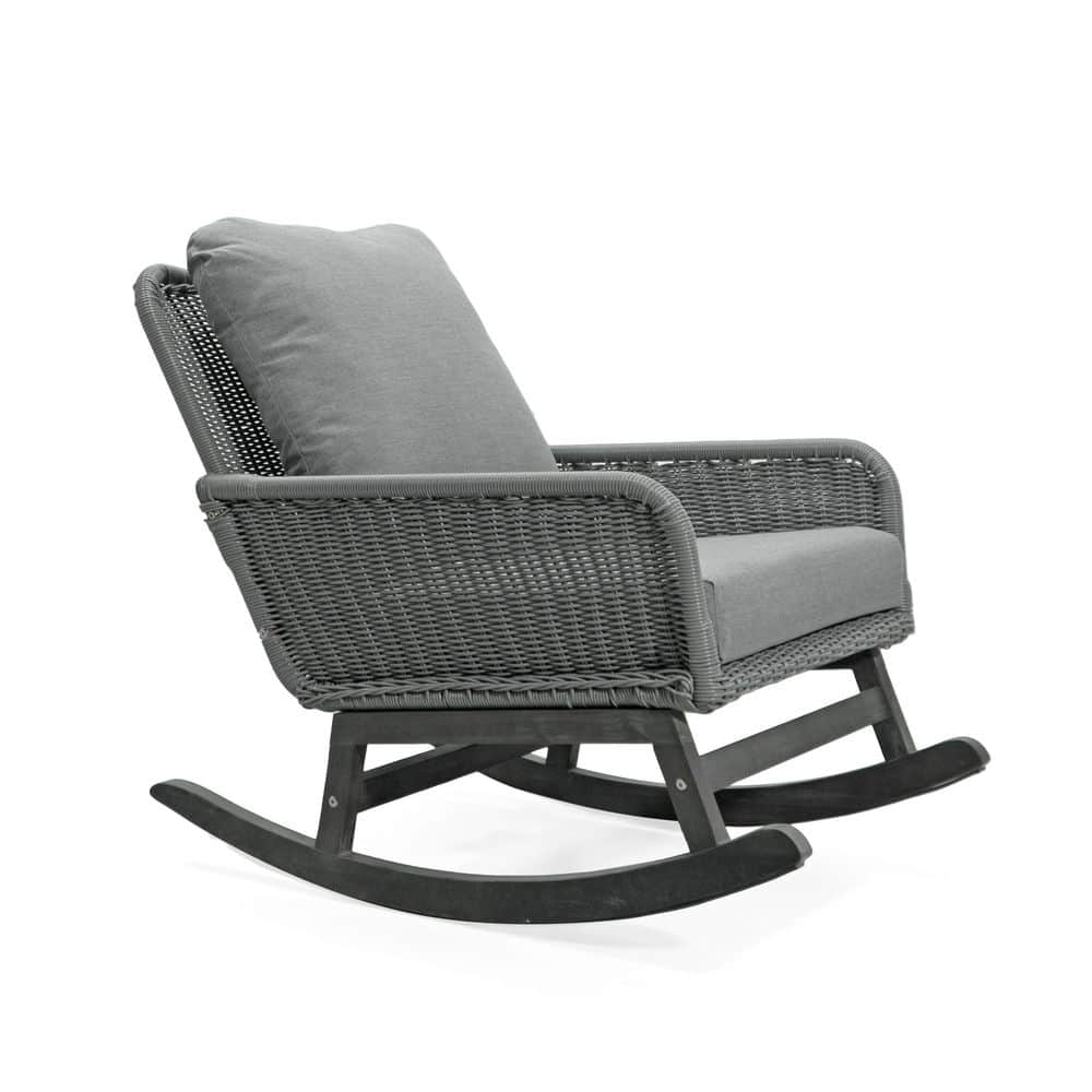 Gray Wicker Outdoor Rocking Chair with Soft Polyester Gray Cushion and Dura