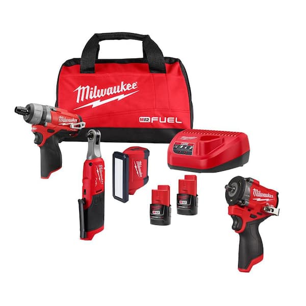 M12 12V Lithium-Ion Cordless Screwdriver, 3/8 in. High Speed Ratchet, Light, 3/8 in. Stubby Impact Combo Kit (4-Tool)