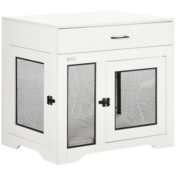 PawHut Dog Crate Furniture with Soft Water-Resistant Cushion, Dog Crate End Table with Drawer, White