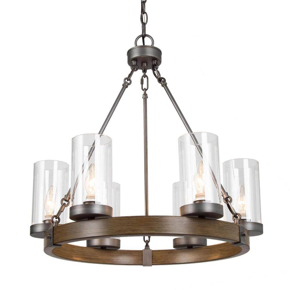 6-Light Farmhouse Chandelier with Wooden Texture Wagon Wheel and Seeded Gla