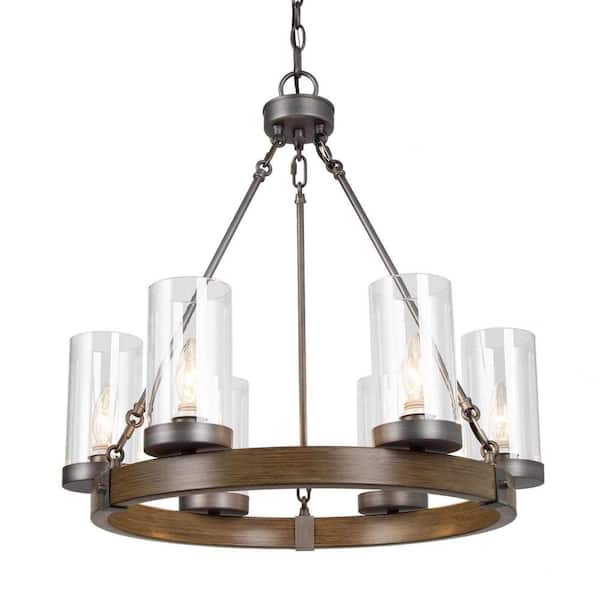 Unbranded 6-Light Farmhouse Chandelier with Wooden Texture Wagon Wheel and Seeded Glass Shades Perfect for Various Spaces.