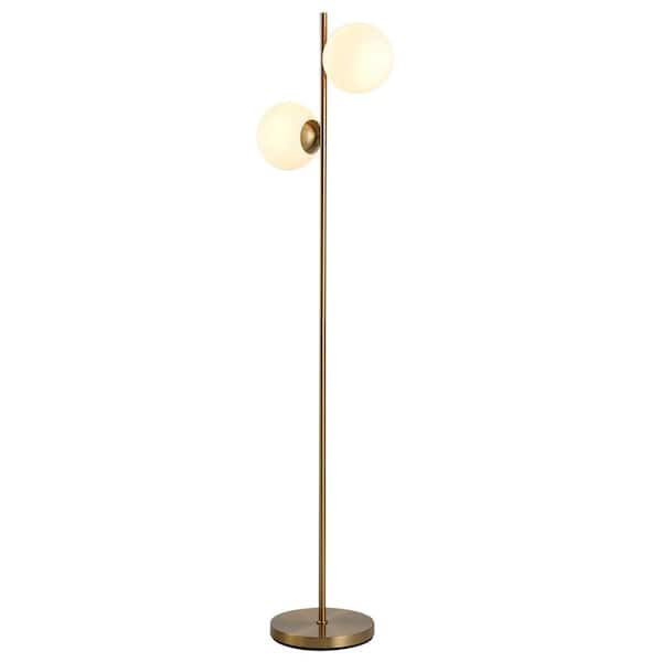 Lasaideal Asom 65 in. Gold 2-Light Standard Floor Lamp with Globe Glass Shades