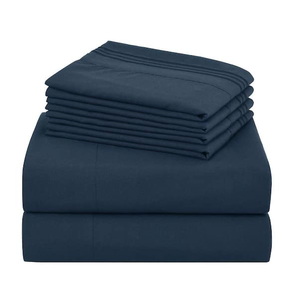 S6PCS 6-Pieces Navy Embroidery Polyester Queen Size Soft Bed Sheets Set